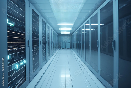 Corridor in server room of cybernetic data center generative ai