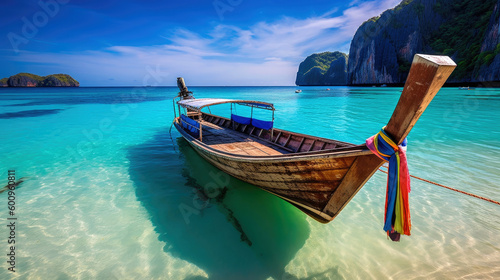 Longtail boat anchored in the sea, with the landscape of the archipelago visible in the background. Thailand. Generative AI