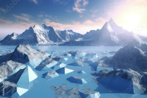 cracked ice floe pieces with big mountains behind background global warming and environmental conditions 3D illustration render generative ai