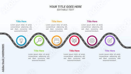 Road Timeline Infographics Up to 6 Steps with Isometric Circle and Icon on a 16:9 Ratio Layout for Business Presentations, Goals,  Reports, and Website Design.