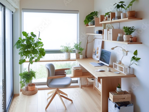 Minimalist Japanese Home Office, The space is clean and uncluttered with neutral colors and natural materials © ktianngoen0128