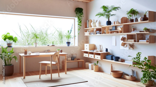Minimalist Japanese Home Office, The space is clean and uncluttered with neutral colors and natural materials