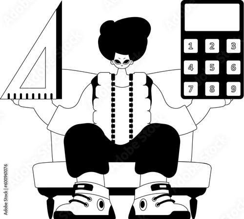 Person with calculator and ruler. Learning subject. Maddening and white line craftsmanship. Trendy style, Vector Illustration