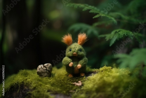 Cute small furry creature sitting on the moss in the magical green forest generative ai