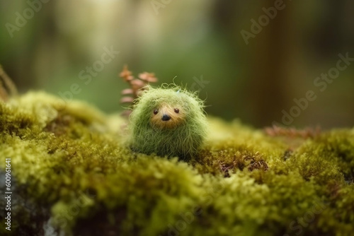 Cute small furry creature sitting on the moss in the magical green forest generative ai
