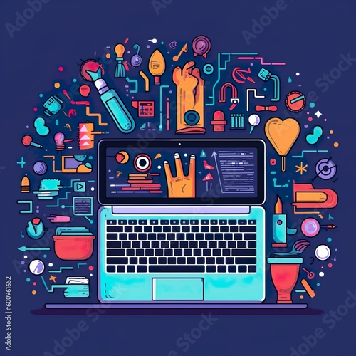 Laptop with Lists and Icons Illustration