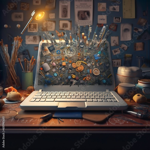 Dark Laptop with Lists and Icons on Wooden Desk Illustration
