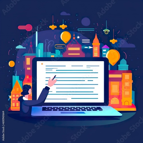Man Showing Something on Laptop with Lists and Icons Illustration