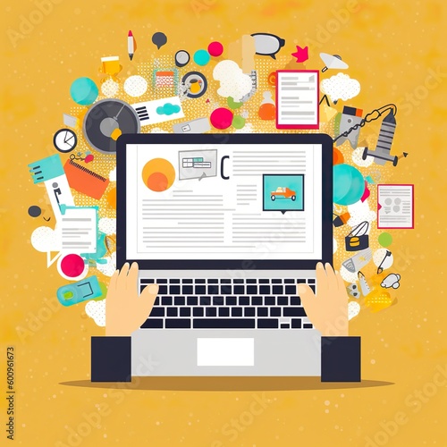 Hands Typing on Laptop with Lists and Icons Illustration
