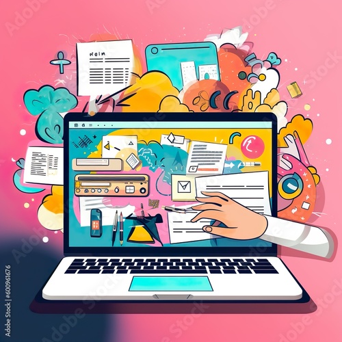 Hand with Lists and Icons in Front of Laptop Illustration