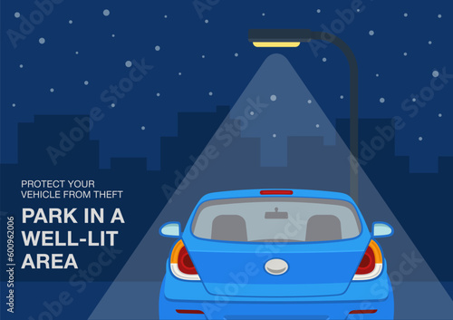 Car theft safety tips. Safe parking area at night. Protect vehicle from theft, park in a well-lit area. Close-up back view of a car. Flat vector illustration template.