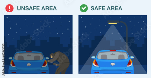 Car theft safety tips. Safe and unsafe parking area at night. Back view of a car parked in a well-lit place. Flat vector illustration template.