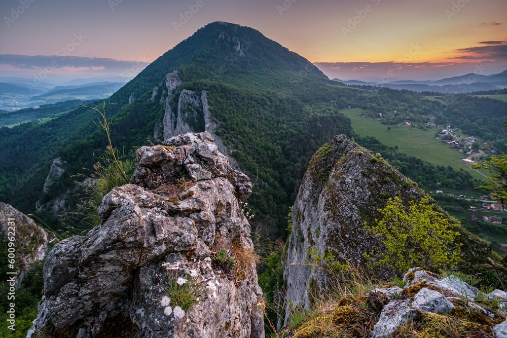 Slovakia forest summer panorama landscape with mountain at sunrise. Manin at summer time, Slovakia mountain, region Povazie
