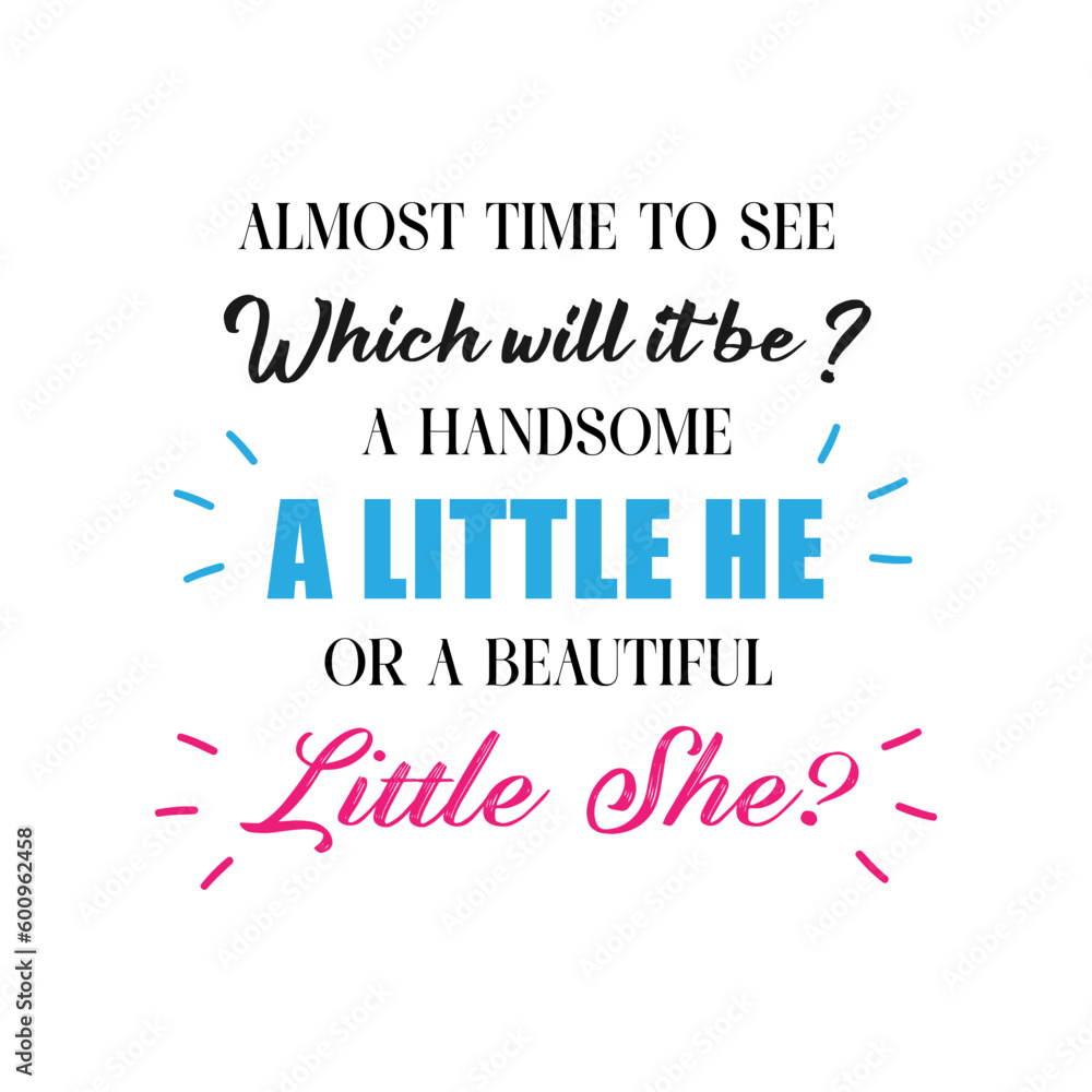 Almost time to see Which will it be ? A handsome a little he or a beautiful little she ? Gender reveal party card, banner vector element design