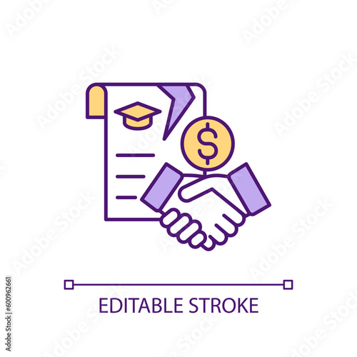 Education loan RGB color icon. Student debt. Assistance agreement. College money. Tuition fee. Bank credit. School money. Isolated vector illustration. Simple filled line drawing. Editable stroke