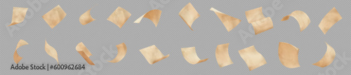 Realistic animation set of craft paper sheet falling down isolated on transparent background. Vector illustration of curled ancient map, old historical document, blank vintage page flying in air.