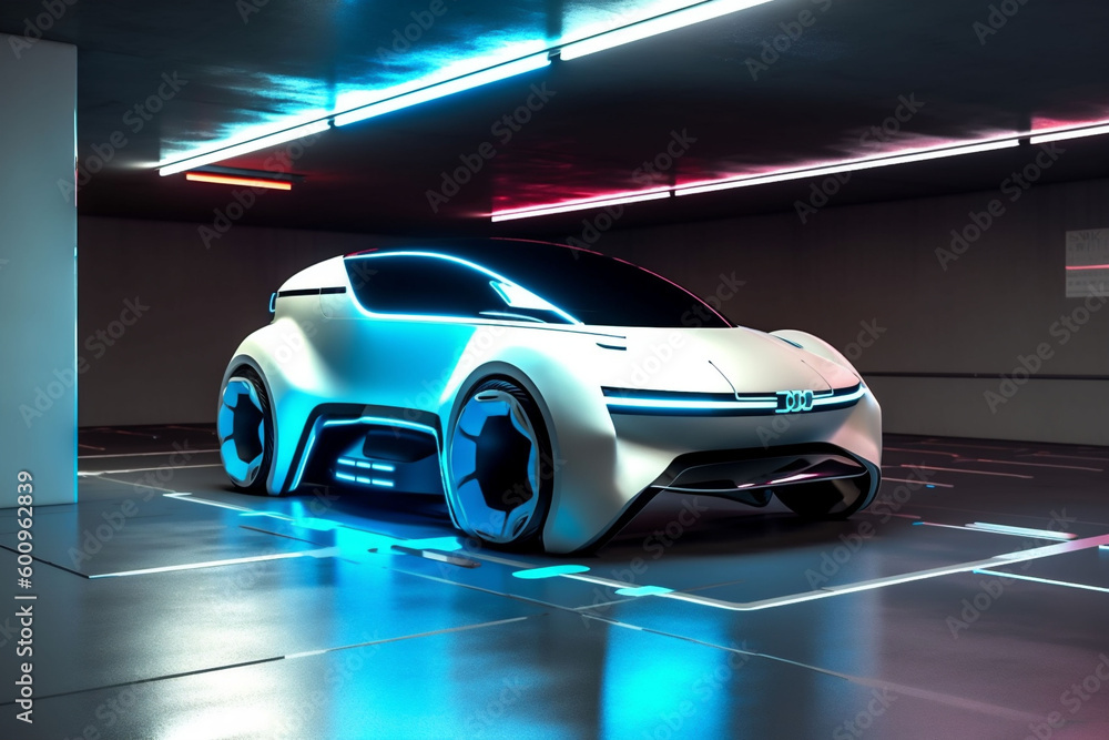 industry automobile electric parking transport underground car transportation neon auto. Generative AI.