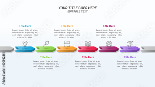 Flowchart Infographics Up to 6 Steps with Arrow and Icon on a 16:9 Ratio Layout for Business Presentations, Goals,  Reports, and Website Design.
