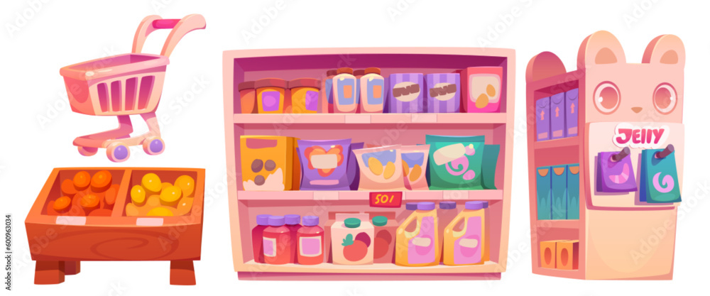 Supermarket, grocery store with cute shelf in kawaii style with sweets. Shop equipment with cart, counter with fruits and showcase with products, vector cartoon set isolated on white background