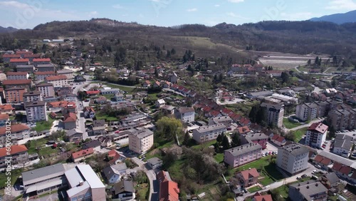 Trbovlje, Slovenia. Aerial View of Residential Buildings and Homes, Drone Shot photo