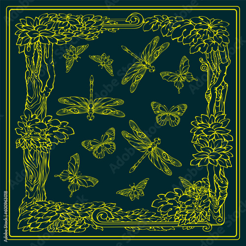 Botanical square pattern with tropical plants, dragonflies, and butterflies. Vector.