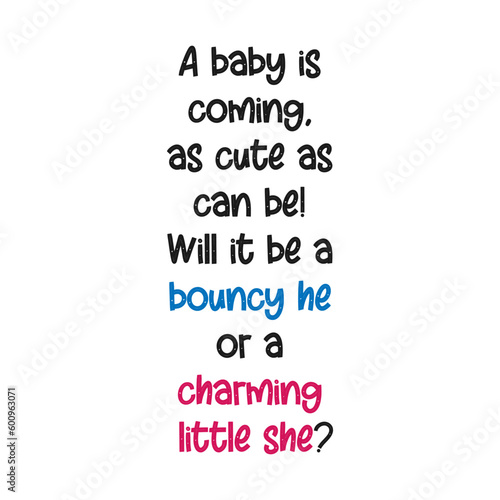 A baby is coming, as cute as can be! Will it be a bouncy he or a charming little she. Gender reveal party card, banner vector element design 