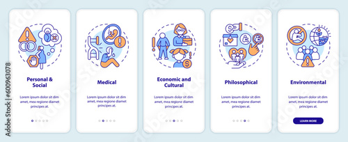 Childfree decision reasons onboarding mobile app screen. Walkthrough 5 steps editable graphic instructions with linear concepts. UI, UX, GUI template. Myriad Pro-Bold, Regular fonts used