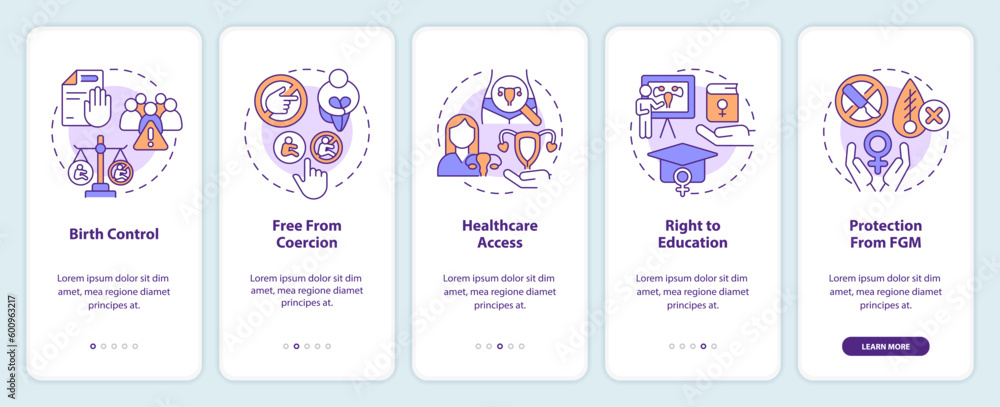 Womens reproductive rights onboarding mobile app screen. Walkthrough 5 steps editable graphic instructions with linear concepts. UI, UX, GUI template. Myriad Pro-Bold, Regular fonts used
