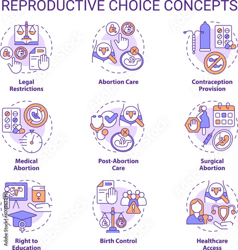 Reproductive choice concept icons set. Female empowerment. Sexual health. Social justice. Birth control. My body. Women right idea thin line color illustrations. Isolated symbols. Editable stroke