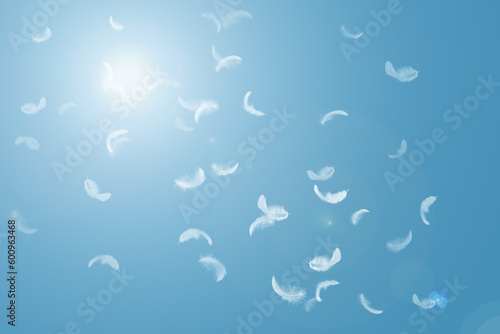Abstract Group of White Bird Feathers Floating in The Sky. Feathers Flying in Heavenly. © Siwakorn1933
