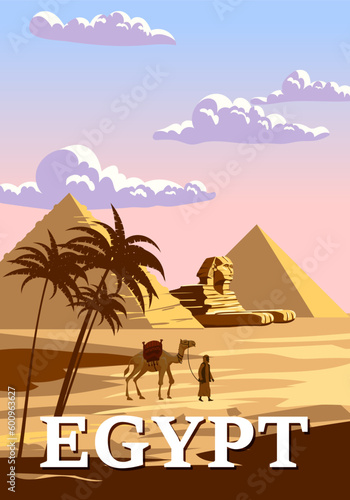 Ancient Sphinx, Egypt Pharaoh Pyramids Vintage Poster. Travel to Egypt Country, Sahara desert landscape, camel with egyptian. Retro card illustration vector