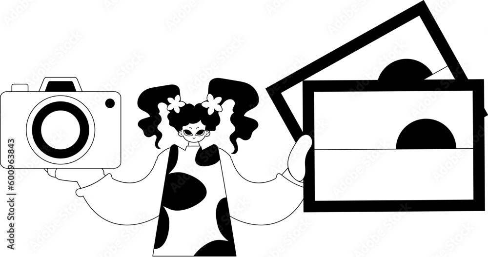 Naklejka premium The energized woman is holding photos and a camera. Tourism subject. Dim and white line craftsmanship. Trendy style, Vector Illustration
