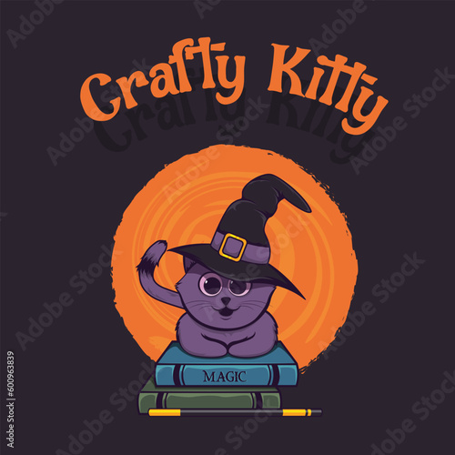 Purple cute and crafty kitten with big adorable eyes and witch hat hoping on books of magical spells. Can be used in many different art projects related to witchcraft or can be printed on tee shits  photo