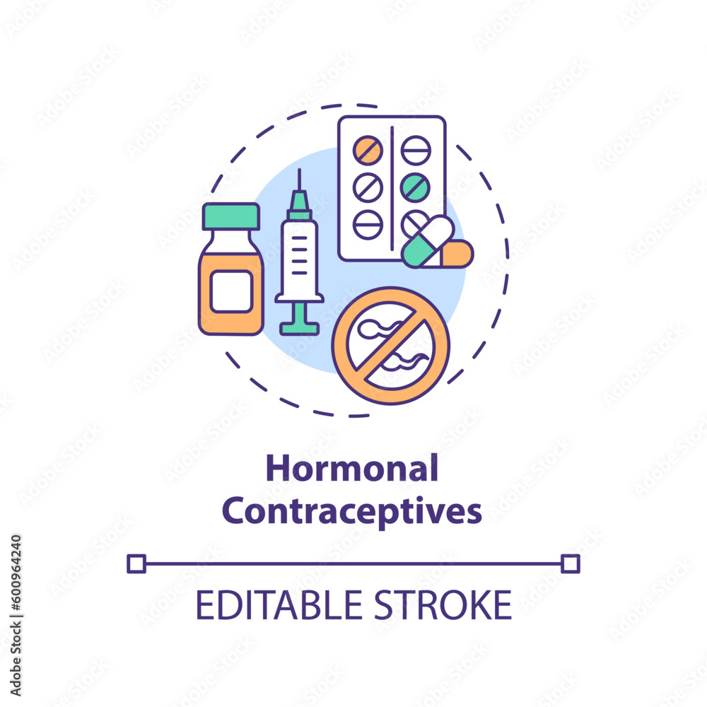 Hormonal contraceptives concept icon. Contraceptive pill. Contraception protection. Birth control method. Women health abstract idea thin line illustration. Isolated outline drawing. Editable stroke