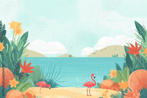 Summer Background Illustration: A Beautiful Beach Scene Created with Generative AI © dendyh7
