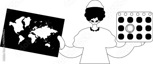 The individual is holding a world chart and a calendar. Tourism subject. Dim and white line craftsmanship. Trendy style, Vector Illustration