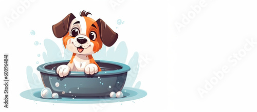 Generative AI cartoon-style illustration depicting a cute dog taking a bath full of soap suds. Copying space.
