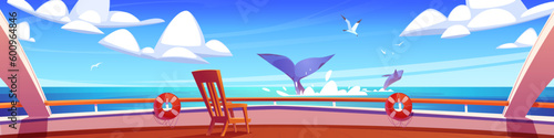 Cruise ship deck with gull birds and whale view in sea water summer background. Yacht boat railing in ocean trip vacation marine landscape. Wooden terrace with chair and inflatable wheel scene