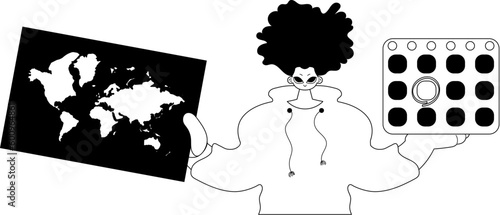 The individual is holding a world chart and a calendar. Tourism subject. Dim and white line craftsmanship. Trendy style, Vector Illustration