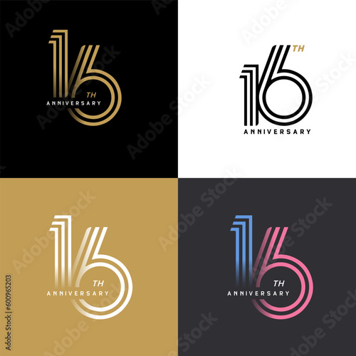 16 years anniversary vector number icon, birthday logo label, black, white and colors stripe number