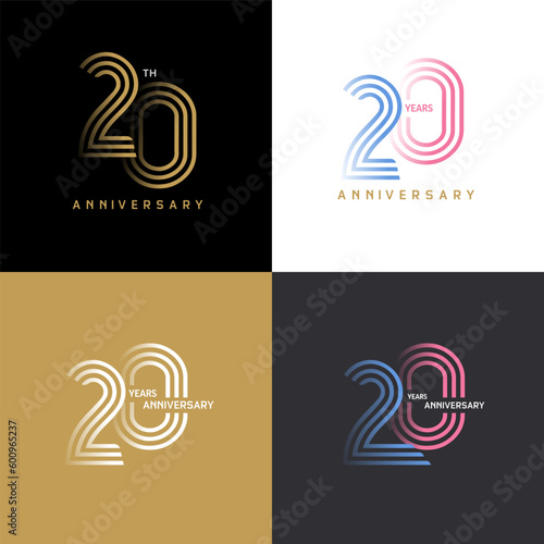 20 years anniversary vector number icon, birthday logo label, black, white and colors stripe number