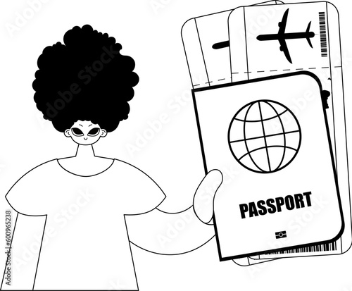 The individual is holding a all comprehensive id with see at tickets. Tourism subject. Forlorn and white line craftsmanship. Trendy style, Vector Illustration