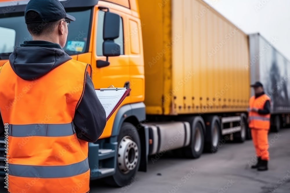 Truck Drivers Hold a Clipboard The Checking Container Door. Security of ...