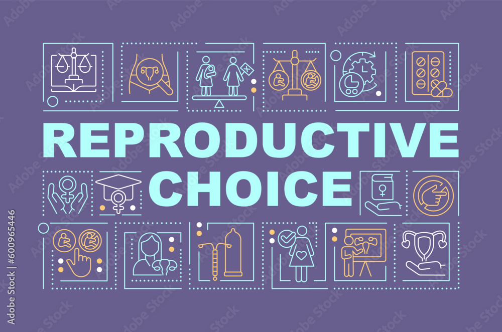 Reproductive choice word concepts dark purple banner. Women empowerment. Infographics with editable icons on color background. Isolated typography. Vector illustration with text. Arial-Black font used