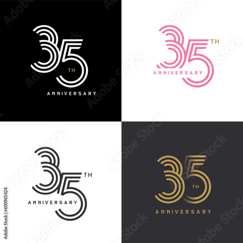 35 years anniversary vector number icon, birthday logo label, black, white and colors stripe number