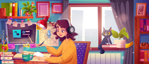 Girl sitting on window workspace desk at home office vector background. Teen room design and furniture for education with table, computer and chair. Indoor female student workplace illustration