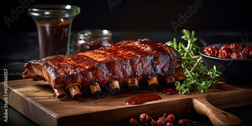 Wallpaper Mural Ribs, succulent and smoky, billowing smoke and caramelized glaze, rustic and vibrant, wooden cutting board and barbecue sauce. Generative AI. Torontodigital.ca