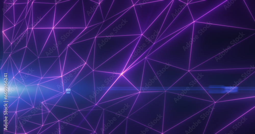 Abstract purple lines and triangles glowing high tech digital energy abstract background