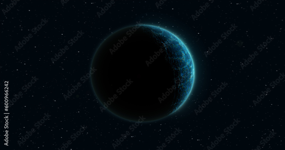 Abstract realistic space spinning planet round sphere with a water surface in space against the background of stars
