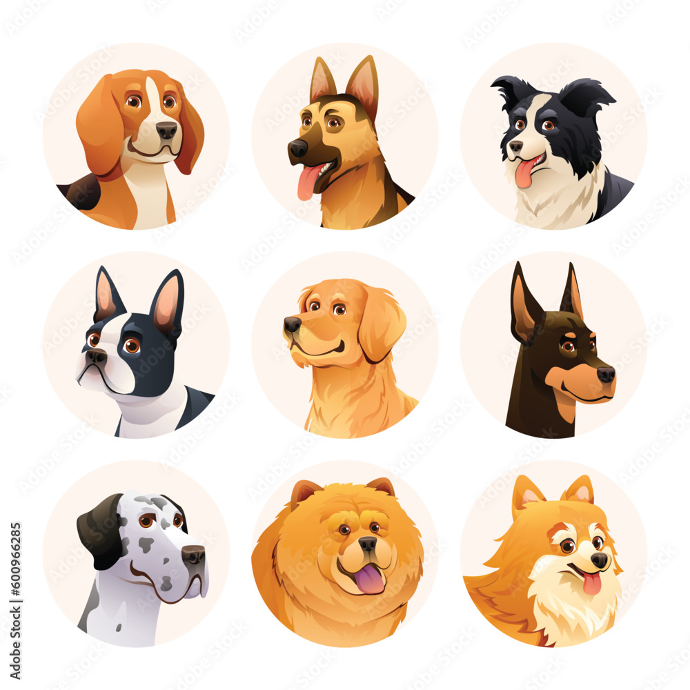 Dog avatar character set. Collection of different dog breeds cartoon illustration